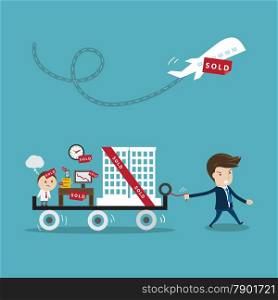 businessman buying another company or business. Vector cartoon for business trading or takeover concept.&#xA;&#xA;