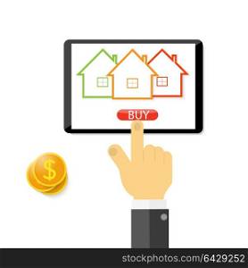 Businessman buys a house online. . Businessman buys a house online. Vector illustration .