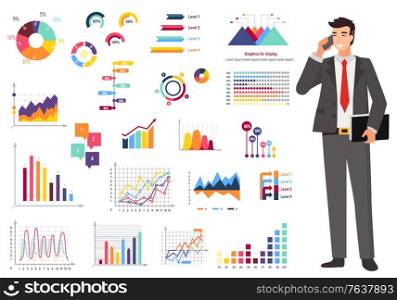 Businessman calling, graph and diagram report, counting icons, percents researching. Map and chart with growth arrow, company strategy and success vector. Business analysis and consulting. Graph Report, Counting Finance, Worker Vector