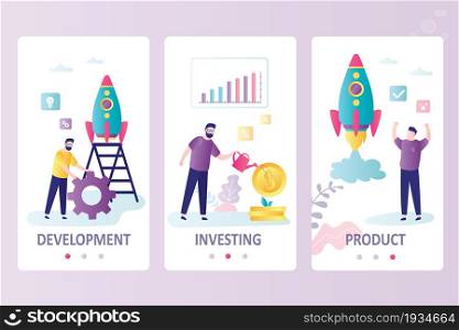 Businessman came up with new project and began to embody idea. Developmenting, investing and receiving product. Onboarding template for smartphone and tablet screens. Website. Flat vector illustration. Businessman came up with new project and began to embody idea. Developmenting, investing and receiving product