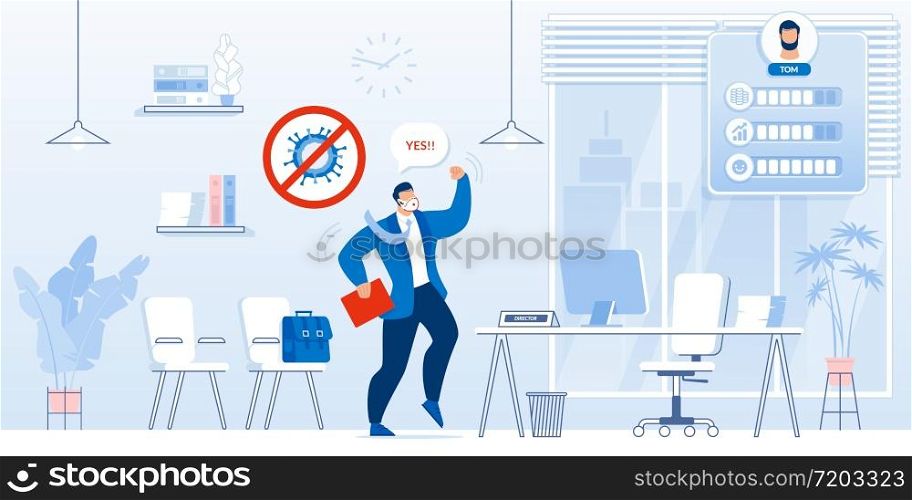 Businessman Career Growth Achievement after Covid19 Outbreak. Upward Movement to Director, Business Advancement. Man Office Worker in Protective Mask Glove Rejoicing Own Development and Progress. Businessman Career Growth after Covid19 Outbreak