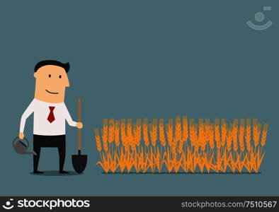 Businessman cares about invested money to new project with watering can and shovel, for investment strategy or dividends theme concept. Businessman cares about invested money