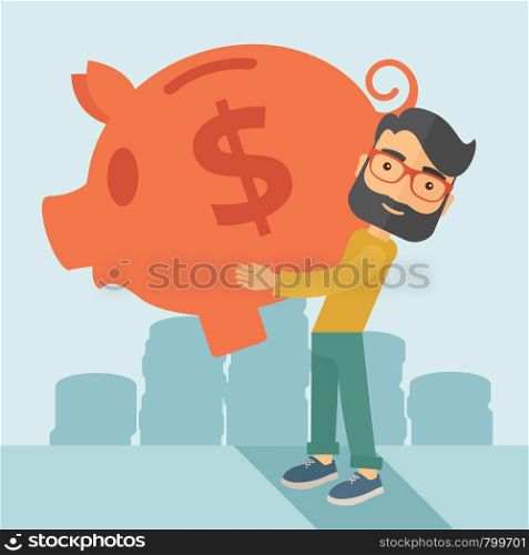 Businessman carries on his two arms his big piggy bank for economy purposes saving money is very important. A contemporary style with pastel palette soft blue tinted background. Vector flat design illustration. Square layout. . Man with his big piggy bank