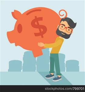 Businessman carries on his two arms his big piggy bank for economy purposes saving money is very important. A contemporary style with pastel palette soft blue tinted background. Vector flat design illustration. Square layout. . Man with his big piggy bank
