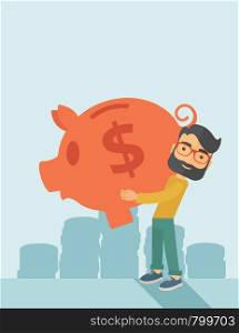 Businessman carries on his two arms his big piggy bank for economy purposes saving money is very important. A contemporary style with pastel palette soft blue tinted background. Vector flat design illustration. Vertical layout with text space on top part. . Man with his big piggy bank