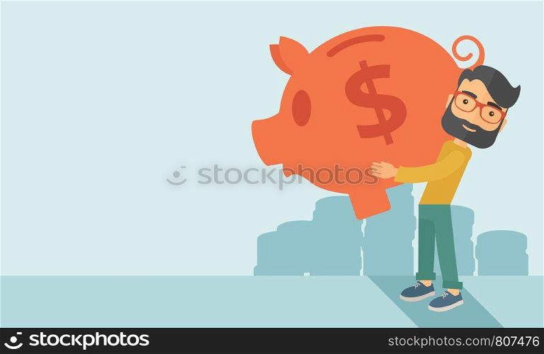 Businessman carries on his two arms his big piggy bank for economy purposes saving money is very important. A contemporary style with pastel palette soft blue tinted background. Vector flat design illustration. Horizontal layout with text space in left side.. Man with his big piggy bank
