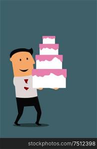 Businessman carrying a multi-tiered birthday or wedding cake with pink icing, cartoon flat image. Businessman carrying a birthday cake