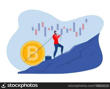 Businessman carrying bitcoin uphill, Growth, income, savings, investment. Symbol of wealth.Vector illustration in flat style.