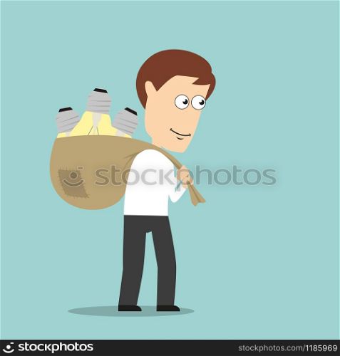 Businessman carrying heavy bag with shining idea light bulbs, for creative or imagination concept design. Cartoon flat style . Businessman carrying idea light bulbs in bag