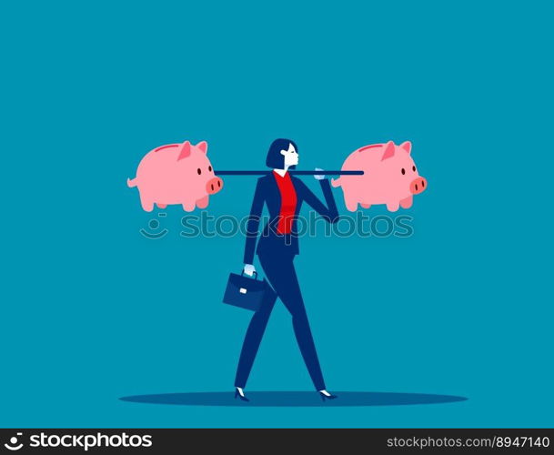 Businessman carrying piggy bank. Finance and industry concept