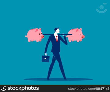 Businessman carrying piggy bank. Finance and industry concept