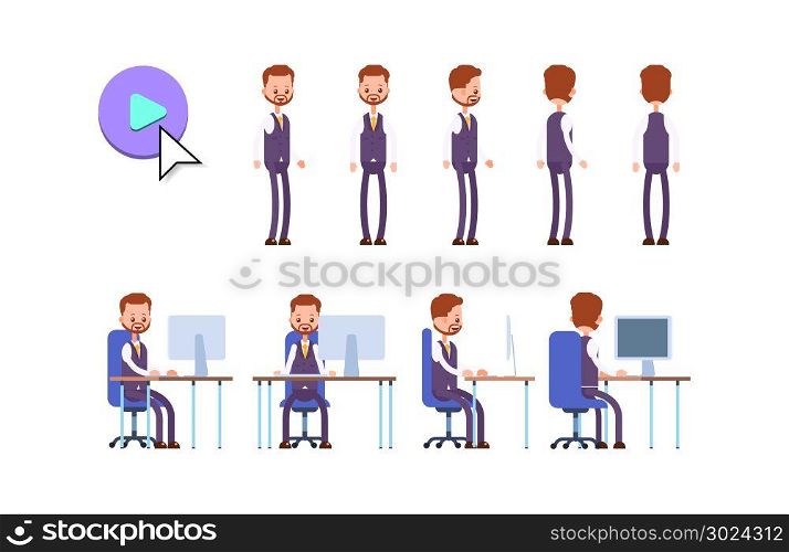 businessman. cartoon character animation kit. poses while standing and sitting