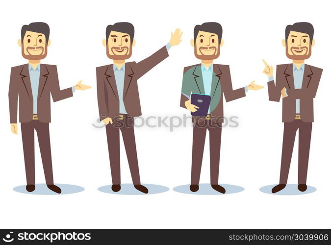 Businessman cartoon character in different poses for business presentation vector set. Businessman cartoon character in different poses for business presentation vector set. Successful man shows and tells illustration