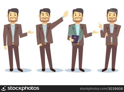 Businessman cartoon character in different poses for business presentation vector set. Businessman cartoon character in different poses for business presentation vector set. Successful man shows and tells illustration