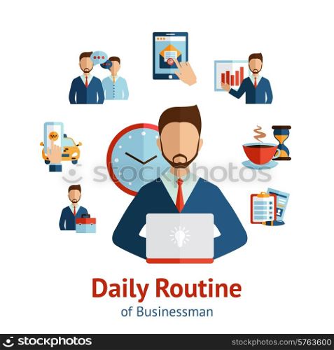 Businessman cartoon character round the clock daily routine planning circle pictograms composition scheme poster abstract vector illustration