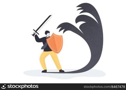 Businessman cartoon character threatening shadow. Man with sword and shield fighting against symbol of fear, anxiety, ego or phobia flat vector illustration. Conflict, emotions, success concept