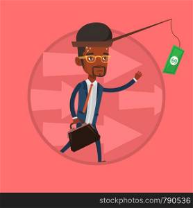 Businessman catching money on fishing rod. Businessman running for money hanging on fishing rod. Financial motivation concept. Vector flat design illustration in the circle isolated on background.. Businessman trying to catch money on fishing rod.