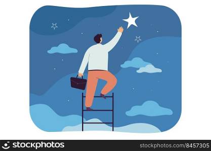 Businessman catching star, climbing ladder to sky. Flat vector illustration. Man striving for success, wishing professional heights, believing in himself. Career, hope, dream, achievement concept