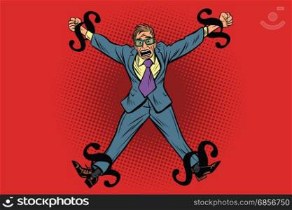 Businessman chained in legal rules, paragraphs as chain. Cartoon comic illustration pop art retro style vector. Businessman chained in legal rules, paragraphs as chain
