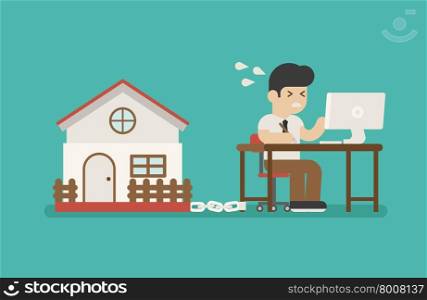 businessman chained on work and a house , eps10 vector format