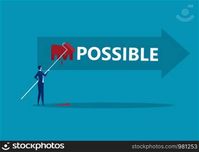 businessman Changing the word impossible to possible with red color blue background