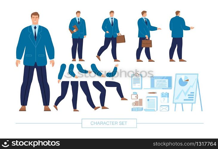 Businessman Character Constructor Trendy Flat Design Elements Set Isolated on White Background. Company Employee in Various Poses, Body Parts, Emotion Face Expressions, Office Accessory Illustration. Businessman Character Constructor Flat Vector Set