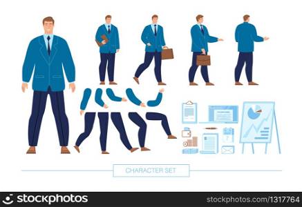 Businessman Character Constructor Trendy Flat Design Elements Set Isolated on White Background. Company Employee in Various Poses, Body Parts, Emotion Face Expressions, Office Accessory Illustration. Businessman Character Constructor Flat Vector Set
