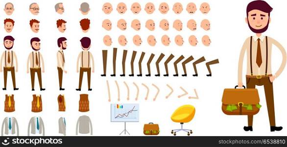 Businessman Character Creation Set. Cartoon Design. Businessman character creation set. Man with bag of money. Icons with different types of faces, emotions, clothes. Front, side, back view of male person. Moving arms, legs. Chair. Board. Vector