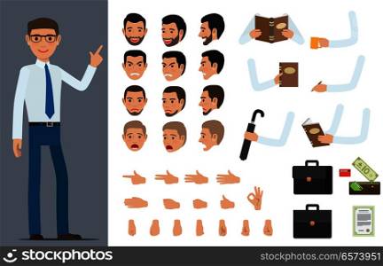 Businessman character generator with various emotions on face, objects in hands and palm gestures. Man in shirt and tie standing with set of body parts and business attributes vector illustration. Businessman Character Generator Flat Vector