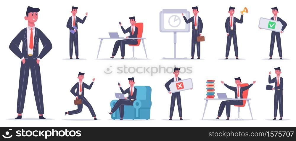 Businessman character. Male office worker, success business employee, professional finance leadership worker vector illustration icons set. Professional employee, profession executive businessman. Businessman character. Male office worker, success business employee, professional finance leadership worker vector illustration icons set