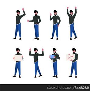 Businessman character. Male person standing and pointing holding books people in casual style presentation hands gestures businessman thinking garish vector illustration in flat style. Businessman character. Male person standing and pointing holding books people in casual style presentation hands gestures businessman thinking garish