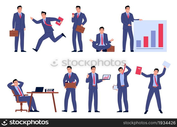 Businessman character. Office employee in formal elegance suit and tie. Various poses man. Professional manager workplace. Isolated worker with folder and briefcase. Vector persons work activities set. Businessman character. Office employee in formal suit and tie. Various poses man. Professional manager workplace. Worker with folder and briefcase. Vector persons work activities set