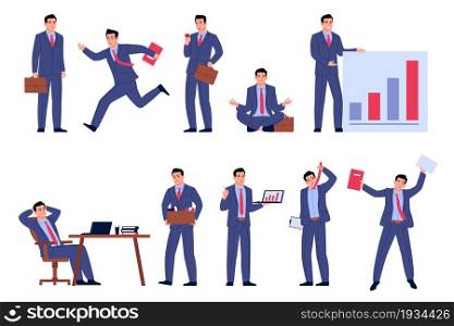 Businessman character. Office employee in formal elegance suit and tie. Various poses man. Professional manager workplace. Isolated worker with folder and briefcase. Vector persons work activities set. Businessman character. Office employee in formal suit and tie. Various poses man. Professional manager workplace. Worker with folder and briefcase. Vector persons work activities set