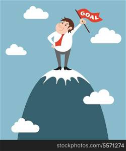 Businessman character on the top of the mountain winner concept vector illustration