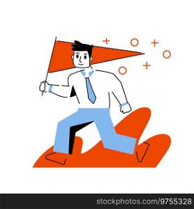 Businessman character run with red flag. Race and career. Man in suit and tie. Trendy geometric modern cartoon. Success in business. Businessman character run