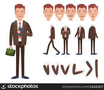 Businessman character set with different poses, emotions, gestures. Parts of body, diary, briefcase. Can be used for topics like office lifestyle, manager, white collar worker