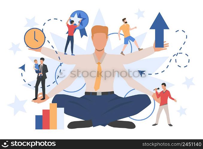 Businessman character showing different social roles. Work, family, leisure. Can be used for topics like activity, lifestyle, multitasking