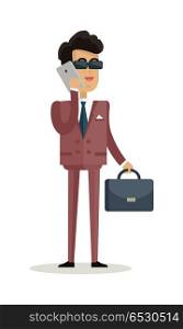 Businessman character vector. Cartoon in flat design. Smiling man in suite, sunglasses with briefcase making calls. Illustration for business concepts, infographics. Isolated on white background.. Businessman Character Vector Illustration in Flat Design. Businessman Character Vector Illustration in Flat Design