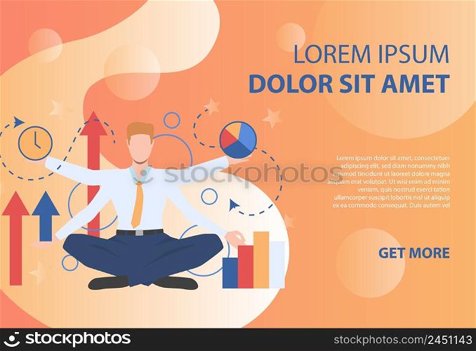 Businessman character with four hands on orange background. Result, progress, time. Can be used for topics like multitasking, planning, presentation