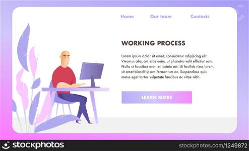 Businessman Character Work Monitor Landing Page. Corporate Employee Desktop Workplace. Working Process. Happy Executive Man Banner Concept for Website or Web Page. Flat Cartoon Vector Illustration. Businessman Character Work Monitor Landing Page