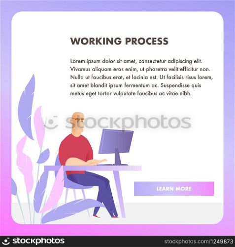 Businessman Character Working Process Web Banner. Corporate Employee Work at Table Workplace. Happy Sitting Office Man Concept for Website or Landing Page. Flat Cartoon Vector Illustration. Businessman Character Working Process Web Banner