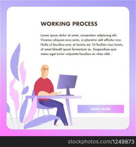 Businessman Character Working Process Web Banner. Corporate Employee Work at Table Workplace. Happy Sitting Office Man Concept for Website or Landing Page. Flat Cartoon Vector Illustration. Businessman Character Working Process Web Banner
