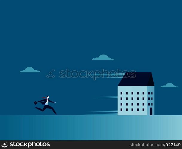 Businessman chasing a running house. Concept business symbol illustration. Vector cartoon character and abstract flat