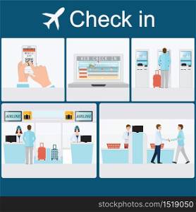 Businessman check-in at the airport with counter service , self service check in, web check in, mobile app , business travel conceptual vector illustration.