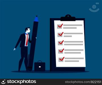 Businessman checklist on the clipboard. Concept business illustration. Vector