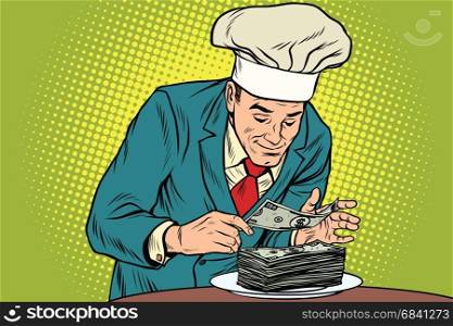 Businessman chef and the final banknote. Business and Finance. Precision and accuracy. Pop art retro vector illustration drawing. Businessman chef and the final banknote