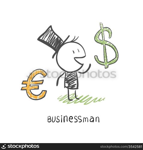 Businessman chooses between two currencies, the Euro and Dolar. Business illustration