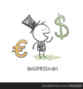 Businessman chooses between two currencies, the Euro and Dolar. Business illustration