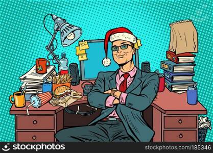 businessman, Christmas workplace. Pop art retro vector illustration vintage kitsch. pop art businessman, Christmas workplace