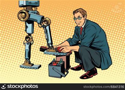 Businessman cleans shoes robot. Evolution and the technological revolution. Pop art retro vector illustration. Businessman cleans shoes robot